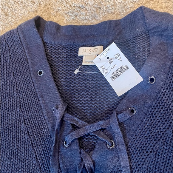 NWT. J. Crew Factory Lace-up Cotton Linen Sweater. Navy Blue. Size Small. - Picture 7 of 11